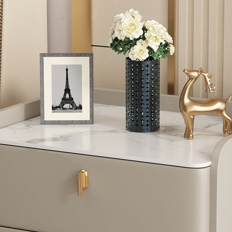 Modern Minimalist Square Microfiber Leather Solid Wood Rock Plate Alloy Carbon Steel Nightstand 2-Drawer For Bedroom