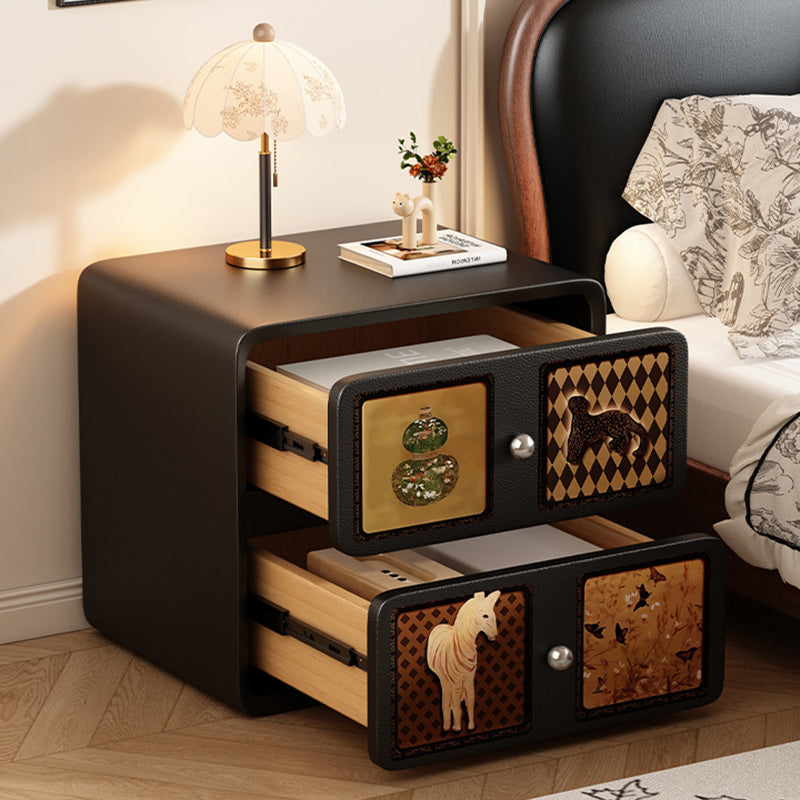 Contemporary Creative Rectangular Composite Panel Cat's Paw Leather Solid Wood Nightstand 2-Drawer For Bedroom