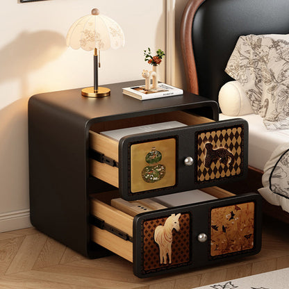 Contemporary Creative Rectangular Composite Panel Cat's Paw Leather Solid Wood Nightstand 2-Drawer For Bedroom