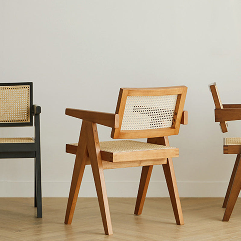 Traditional Japanese Weaving Rattan Wood Square Rectangular V Shape Frame Dining Chair Backrest Armrest For Dining Room