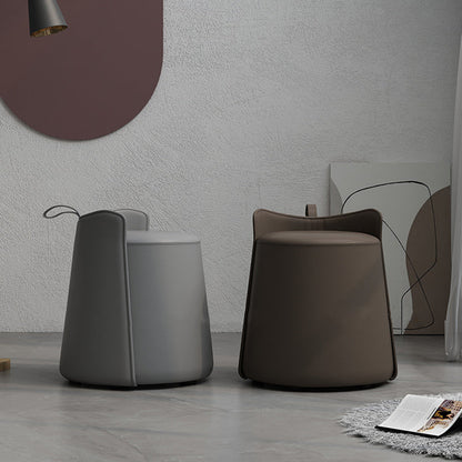 Contemporary Nordic Round Cylinder Faux Leather Wood Vanity Stool Low Backrest For Bedroom