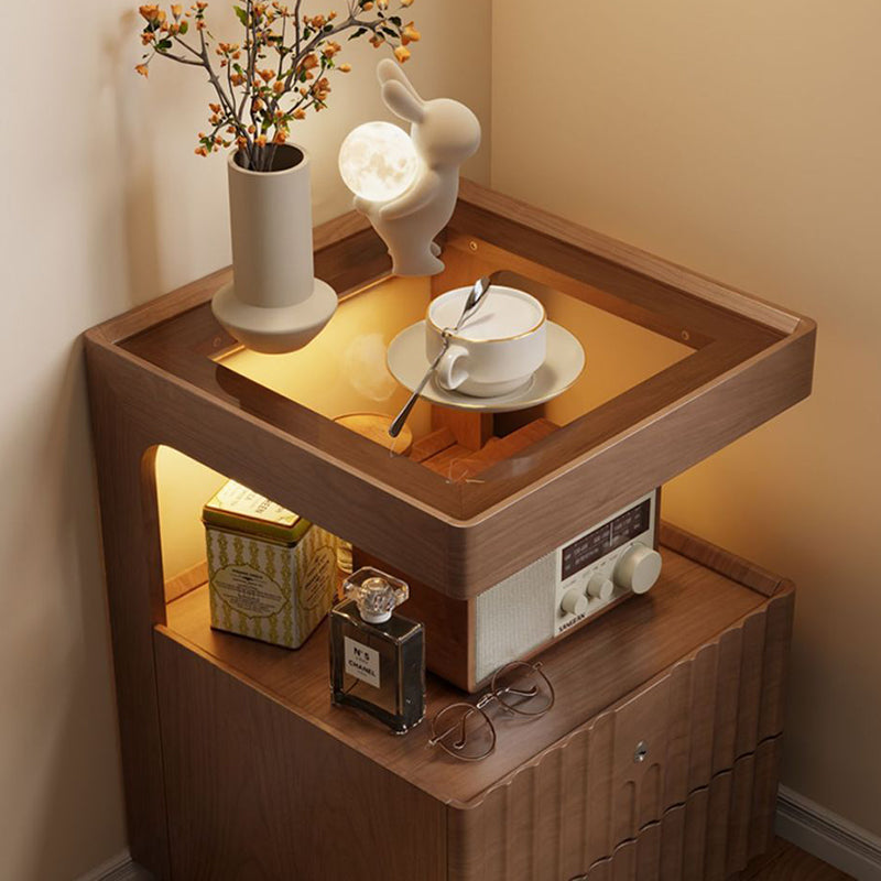 Contemporary Nordic Rectangular Solid Wood Tempered Glass Zinc Alloy Nightstand 2-Drawer For Bedroom