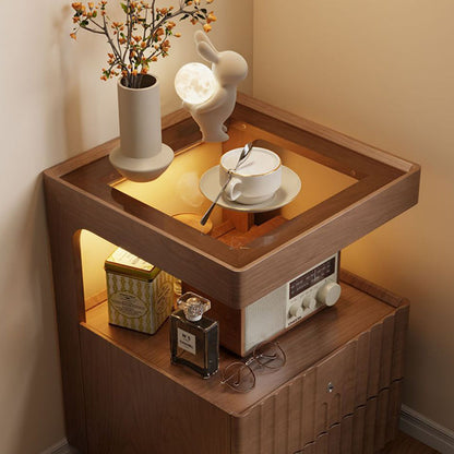 Contemporary Nordic Rectangular Solid Wood Tempered Glass Zinc Alloy Nightstand 2-Drawer For Bedroom