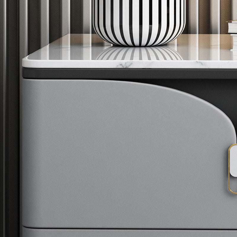 Contemporary Nordic Rectangular Stone Slab Wood Microfiber Leather Carbon Steel Nightstand 2-Drawer For Bedroom