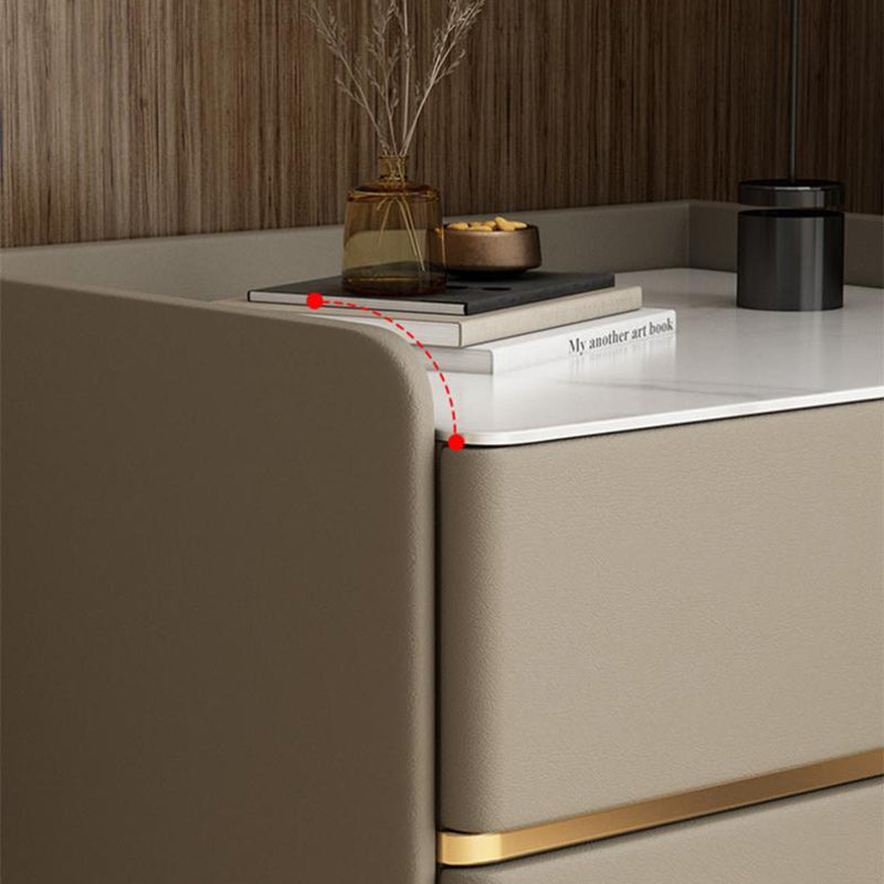 Modern Luxury Rectangular Solid Wood Rock Slab Microfiber Leather Nightstand 2-Drawer For Bedroom