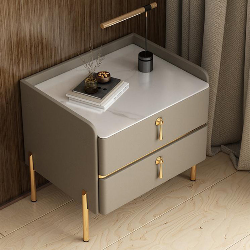 Modern Luxury Rectangular Solid Wood Rock Slab Microfiber Leather Nightstand 2-Drawer For Bedroom