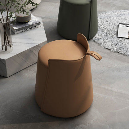 Contemporary Nordic Round Cylinder Faux Leather Wood Vanity Stool Low Backrest For Bedroom