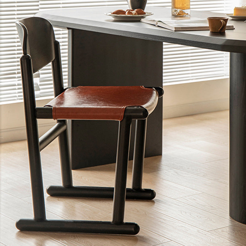 Traditional Vintage Square Oval Oiled Wax Leather Wood Dining Chair Backrest Armless For Dining Room