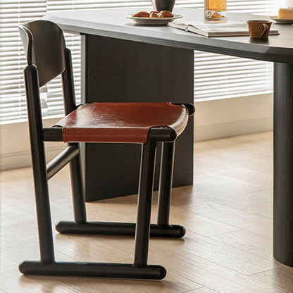 Traditional Vintage Square Oval Oiled Wax Leather Wood Dining Chair Backrest Armless For Dining Room