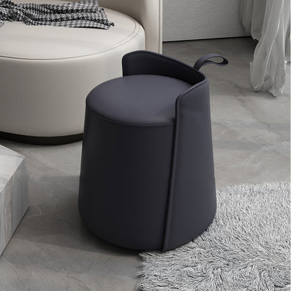 Contemporary Nordic Round Cylinder Faux Leather Wood Vanity Stool Low Backrest For Bedroom