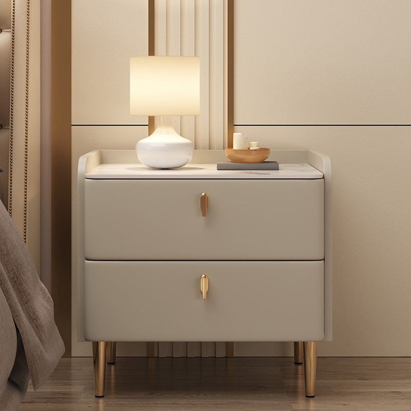 Modern Minimalist Square Microfiber Leather Solid Wood Rock Plate Alloy Carbon Steel Nightstand 2-Drawer For Bedroom