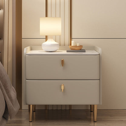 Modern Minimalist Square Microfiber Leather Solid Wood Rock Plate Alloy Carbon Steel Nightstand 2-Drawer For Bedroom