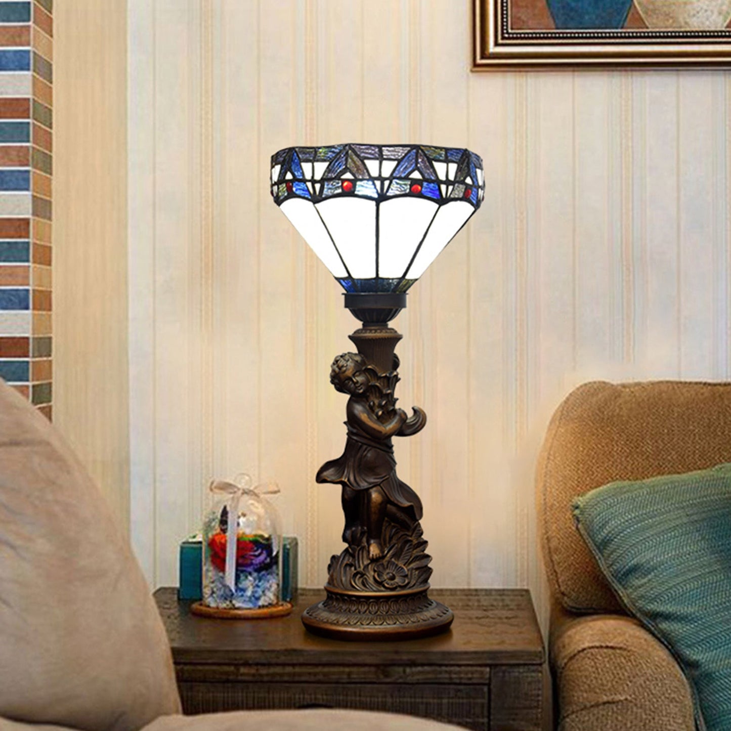 Traditional Vintage Resin Glass Diamond Boy 1-Light Table Lamp For Living Room