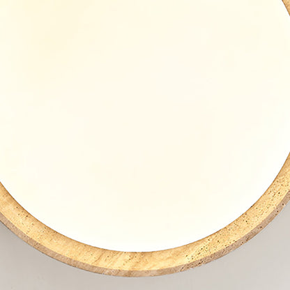 Traditional Japanese Round Disc Style Travertine Solid Wood Acrylic LED Flush Mount Ceiling Light For Bedroom