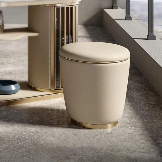 Contemporary Minimalist Round Faux Leather Stainless Steel Frame Vanity Stool For Bedroom