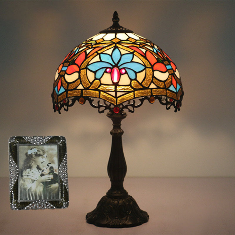 Traditional Tiffany Resin Zinc Alloy Glass Dome Bead 1-Light Table Lamp For Bedside