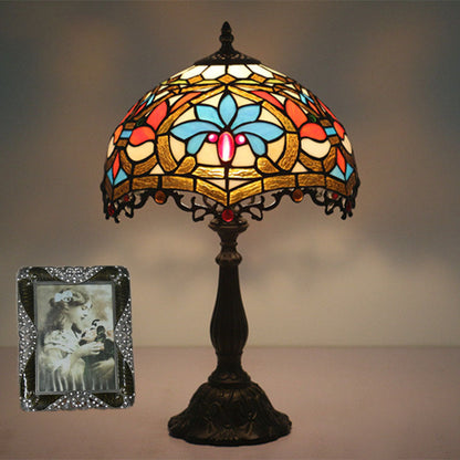 Traditional Tiffany Resin Zinc Alloy Glass Dome Bead 1-Light Table Lamp For Bedside
