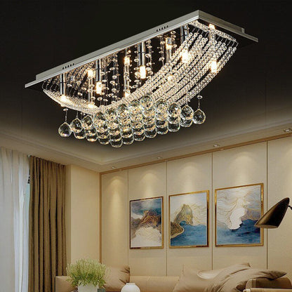 European Luxury Crystal Bead Curtain Rectangular Stainless Steel 8-Light Flush Mount Ceiling Light