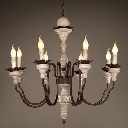 Traditional Rustic Curved Rod Candelabra Wooden Iron 6/8 Light Chandelier For Living Room