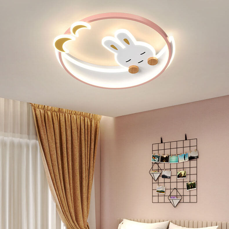 Modern Creative Cartoon Rabbit Iron Round LED Kids Flush Mount Ceiling Light