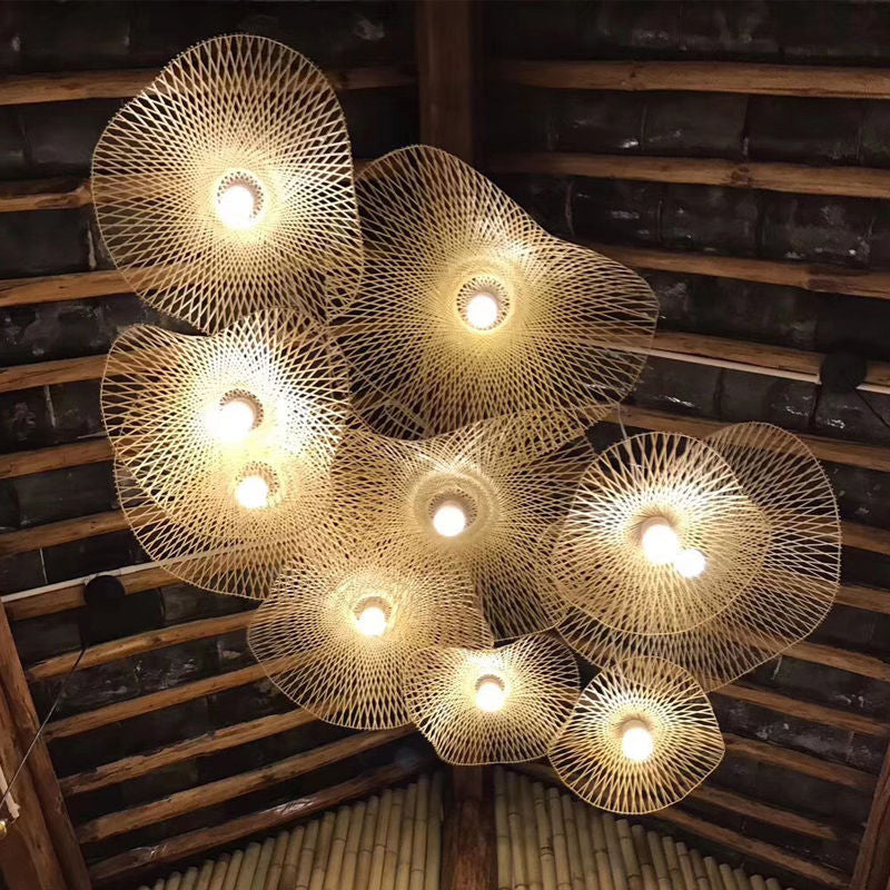 Traditional Chinese Iron Bamboo Weaving Hat Irregular Round Ball 1-Light Pendant Light For Dining Room