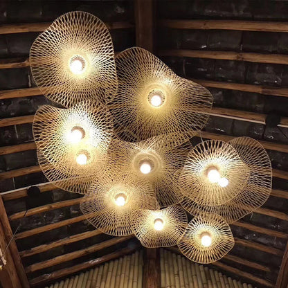 Traditional Chinese Iron Bamboo Weaving Hat Irregular Round Ball 1-Light Pendant Light For Dining Room