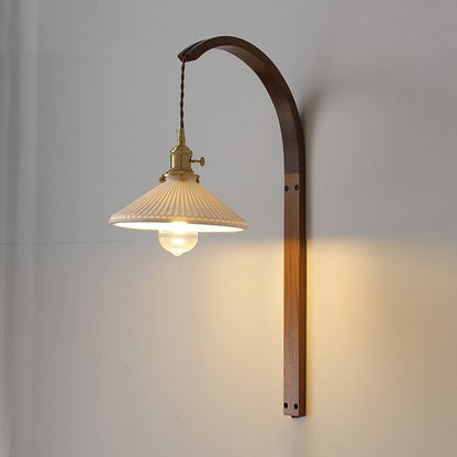 Traditional Japanese Round Ceramic Glass Shade Wood Curved Pole 1-Light Wall Sconce Lamp For Living Room