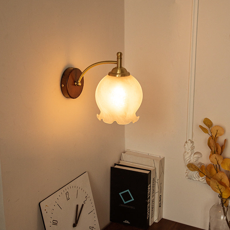 Traditional French Vintage Ceramic Glass Flower Shade Wood Base 1-Light Wall Sconce For Living Room