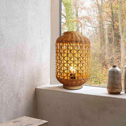 Traditional Vintage Cylinder Lantern Bamboo Rattan 1-Light Table Lamp For Living Room