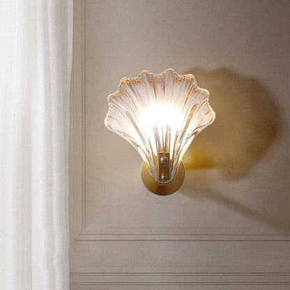 Modern Art Deco Scalloped Shell Amber Glass Shade Brass Frame 1-Light Wall Sconce Lamp For Bedroom