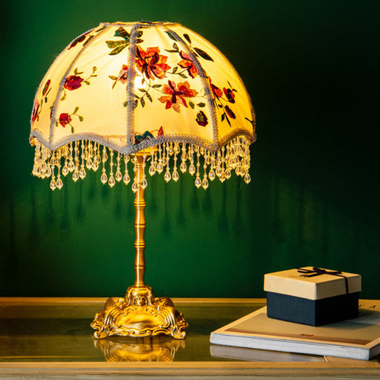 Traditional European Fabric Copper Dome Flower 1-Light Table Lamp For Bedside