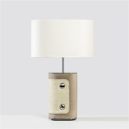 Modern Transitional Fabric Cylinder Shade Leather Column Base 1-Light Table Lamp For Bedroom