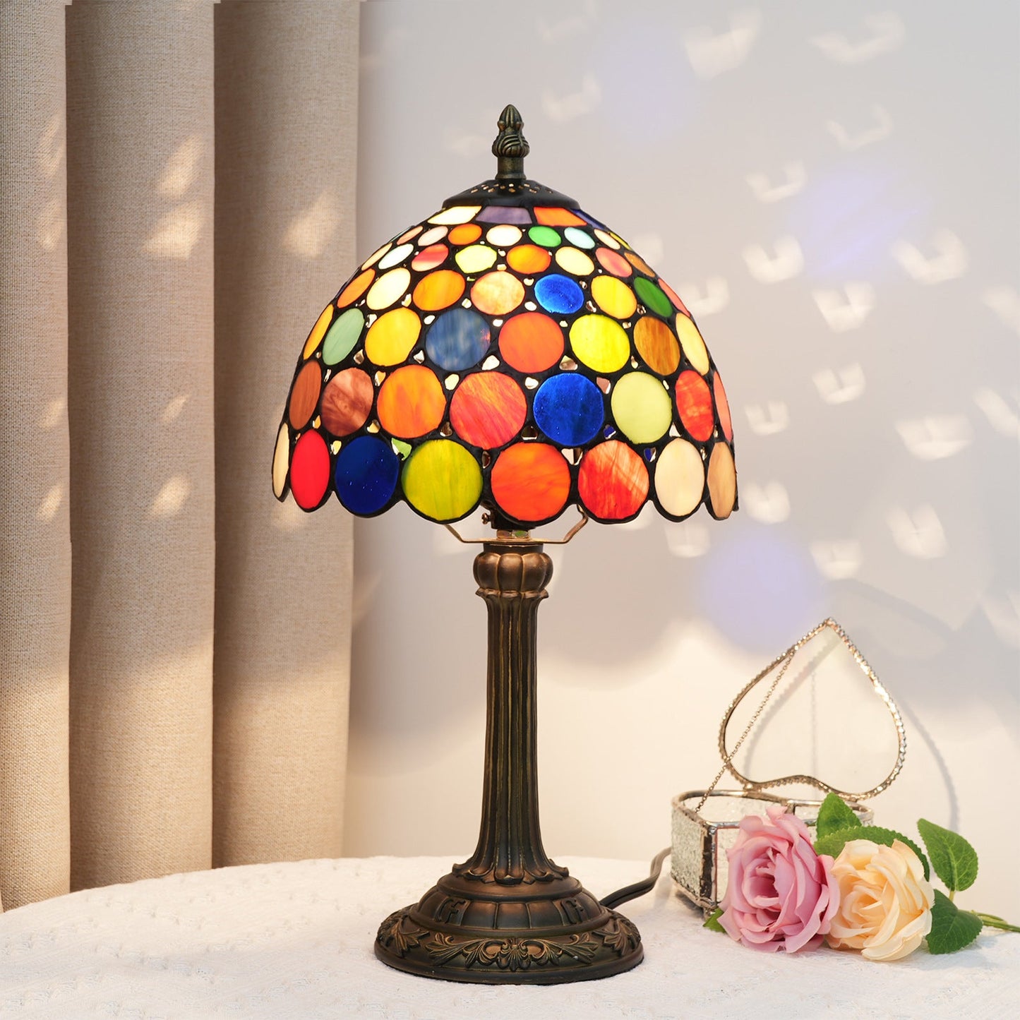 Traditional Tiffany Resin Glass Dome Round 1-Light Table Lamp For Bedside