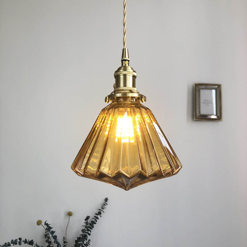 Modern Art Deco Brass Glass Diamond Shape 1-Light Pendant Light for Living Room