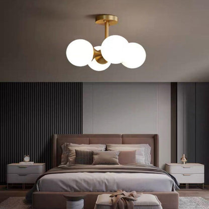 Modern Mid-Century Gold Finish Frame Glass Globe Ball 4-Light Chandelier For Living Room