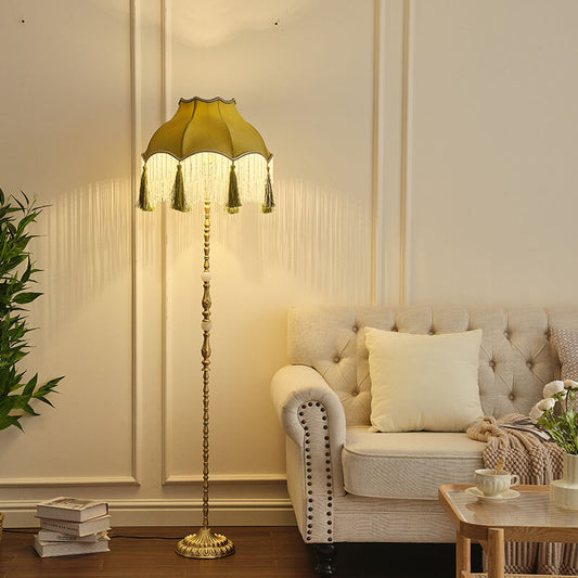 Traditional Vintage Brass Umbrella Tassels 1-Light Standing Floor Lamp For Living Room