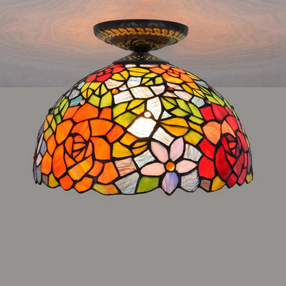 Traditional Tiffany Round Rose Iron Stained Glass 1-Light Semi-Flush Mount Ceiling Light For Living Room