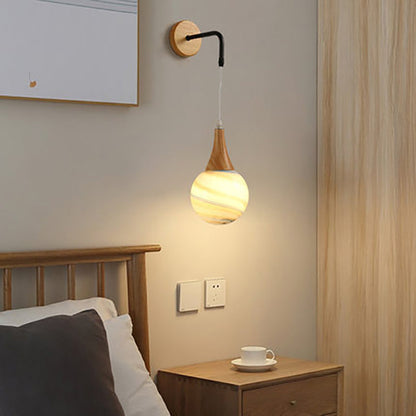 Traditional Vintage Wood Frame Moon Textured Globe Shade 1-Light Wall Sconce Lamp For Bedroom