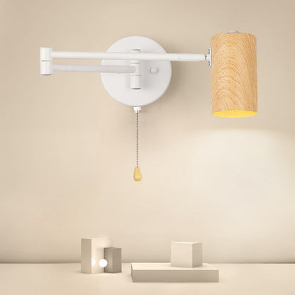 Contemporary Scandinavian Cylinder Iron Plastic Woodgrain 1-Light Wall Sconce Lamp For Bedroom