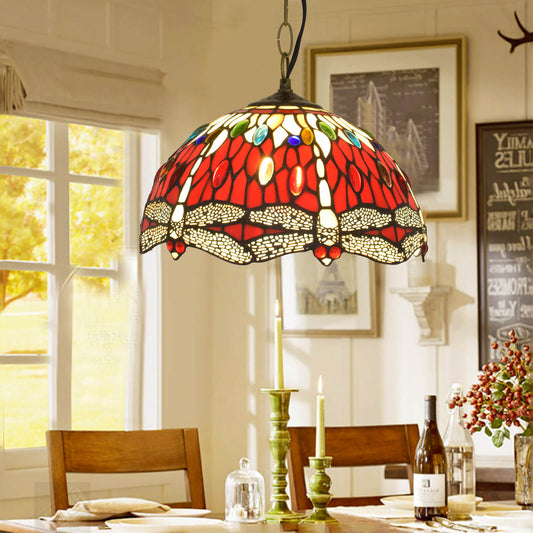 European Vintage Tiffany Red Dragonfly Iron Glass 1-Light Pendant Light