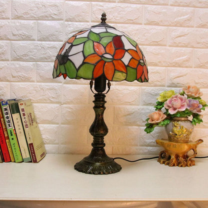 Traditional Tiffany Rose Dragonfly Stained Glass Dome 2-Light Table Lamp For Study
