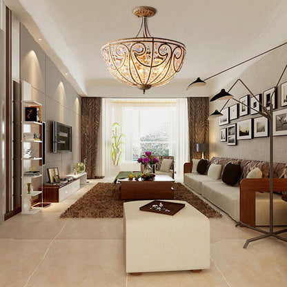 French Luxury Crystal Bead Strings Bowl Gold Iron 5-Light Semi-Flush Mount Ceiling Light