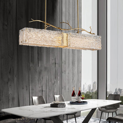 ثريا جزيرة LED زجاجية مستطيلة فاخرة من Nordic Light مصنوعة من النحاس بالكامل 