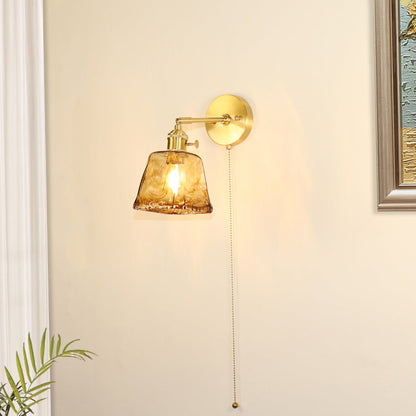 Traditional Vintage Brass Amber Square Glass Shade 1-Light Wall Sconce Lamp For Living Room