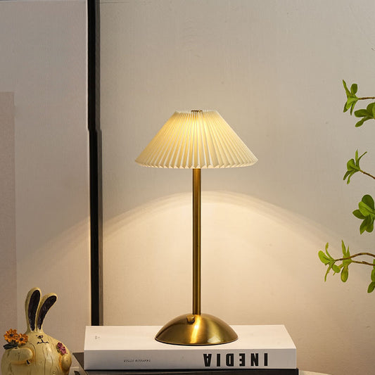 Contemporary Scandinavian Rechargeable Iron Fabric Conic Pleated 1-Light Table Lamp For Bedside