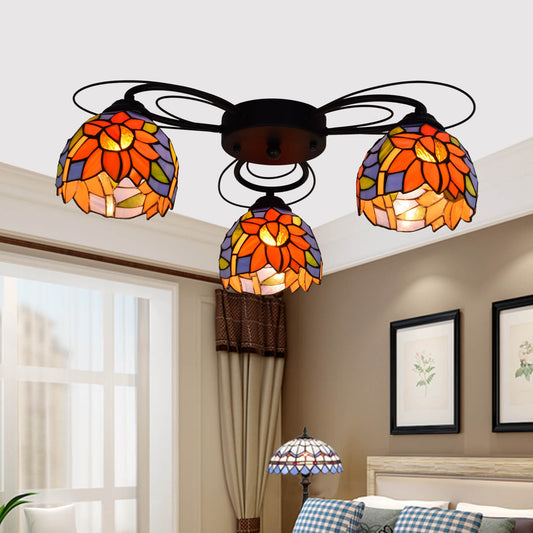 European Rustic Tiffany Iron Glass 3-Light Flush Mount Light