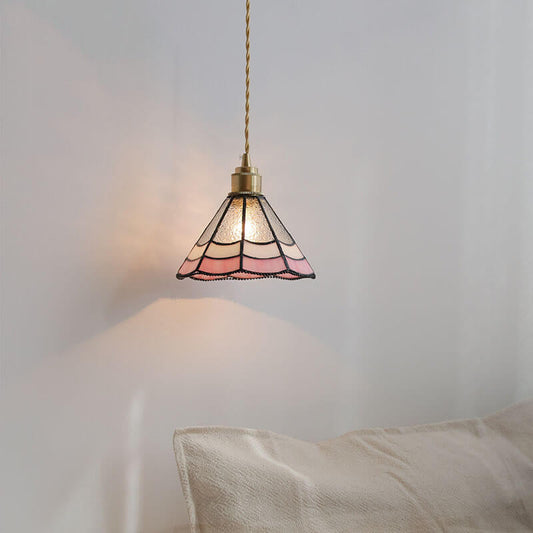 Japanese Vintage Pink Striped Cone Glass 1-Light Pendant Light