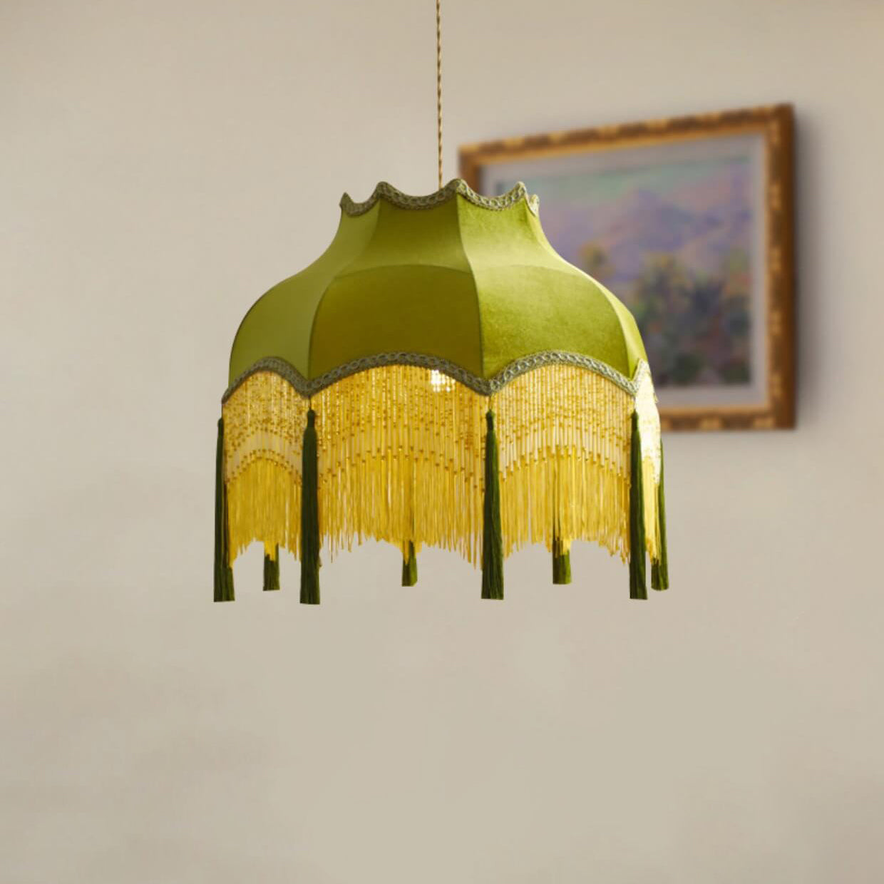 French Vintage Fabric Tassel Lampshade Brass 1-Light Pendant Light