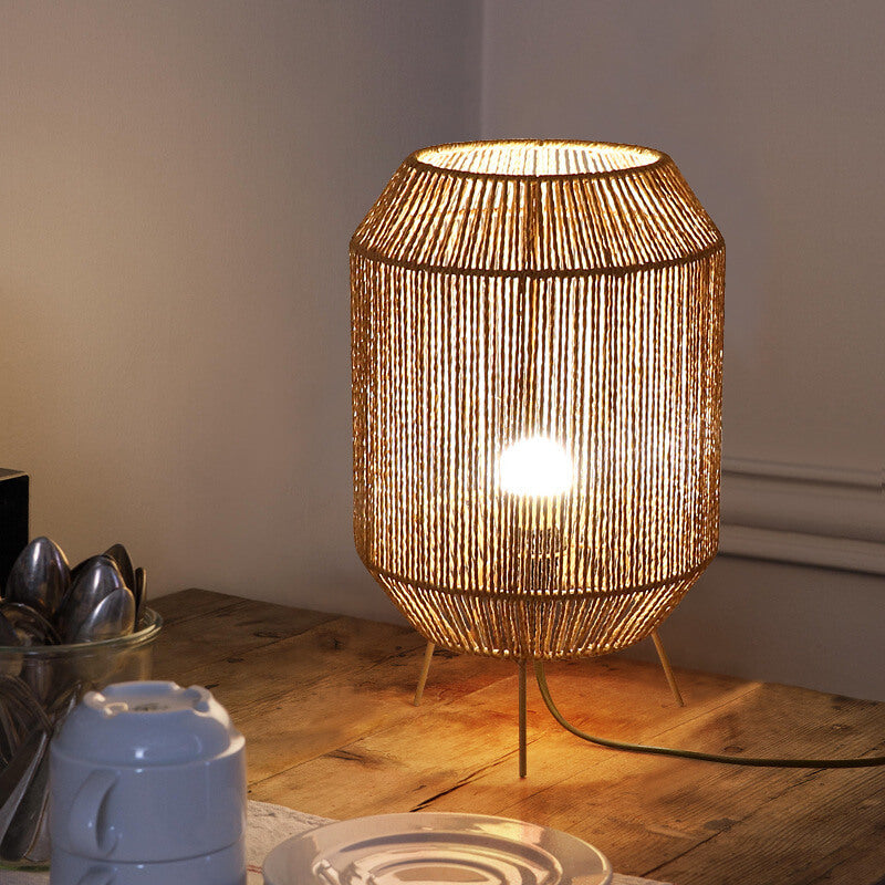 Traditional Rustic Hemp Rope Weaving Cage 1-Light Table Lamp For Study