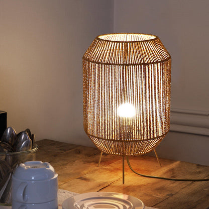 Traditional Rustic Hemp Rope Weaving Cage 1-Light Table Lamp For Study